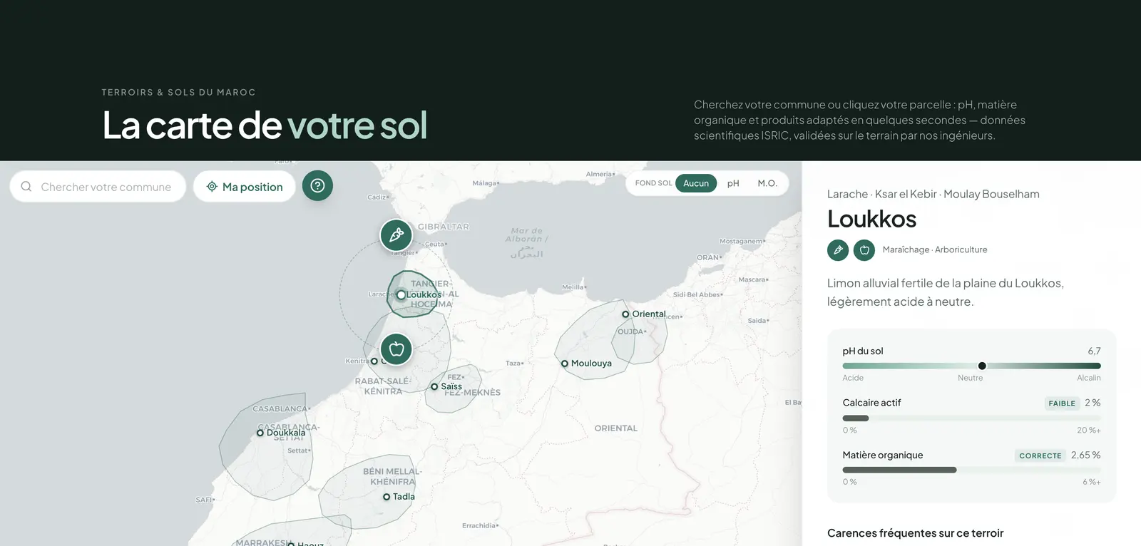 Aperçu de la carte interactive des sols du Maroc — terroirs, estimation de parcelle et produits adaptés
